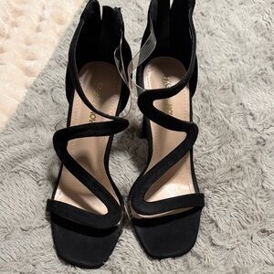 Fashion Nova Black Curved-Strap Heeled Sandals